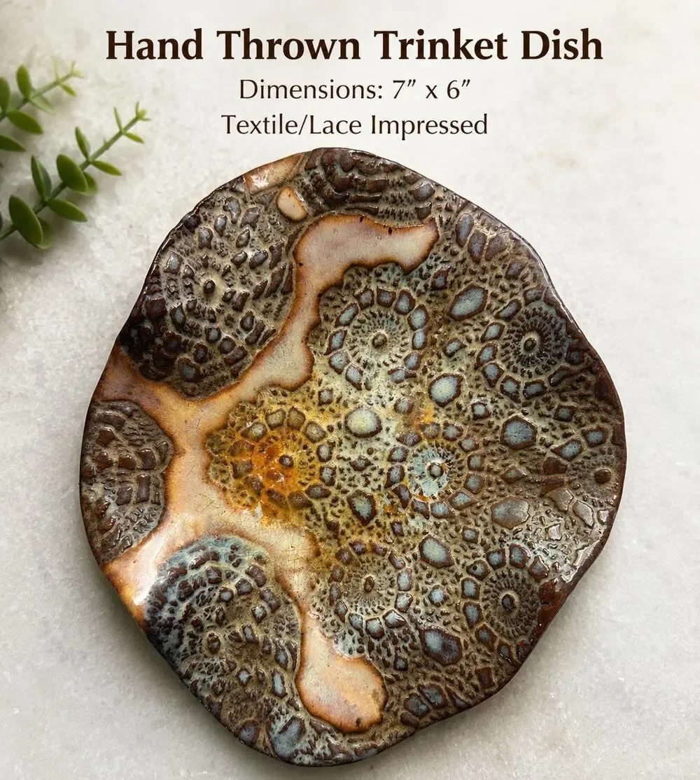 Pottery Trinket Tray Jewelry Holder Home Decor Art Hand thrown 4 Star Stamps SMC
